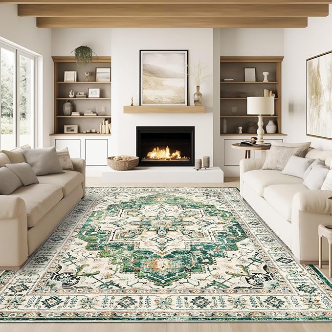 zesthome 9x12 Area Rugs,Stain Resistant Washable Rug,Ultra-Thin Rugs for Living Room,Bedroom,Non-Slip Backing Home Decor Large Area Rug (Green,9'x12')