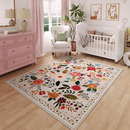 Rugcomf Bedroom Rug 3x5 Rug Washable Area Rug Non Slip Low Pile Boho Floral Small Carpet for Bedroom, Bedside, Kitchen, Entryway, Kids Room, Office, College Dorm Essentials for Girls(Beige)