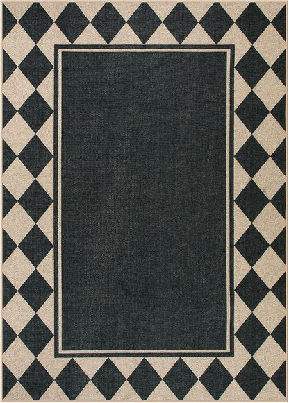 Moynesa Easy Jute Outdoor Rug 5x7 Area Rugs, Washable Checkered Rugs for Living Room Non Slip, Farmhouse Neutral Carpet for Backyard Dining Room Balcony, Black Grid Pattern
