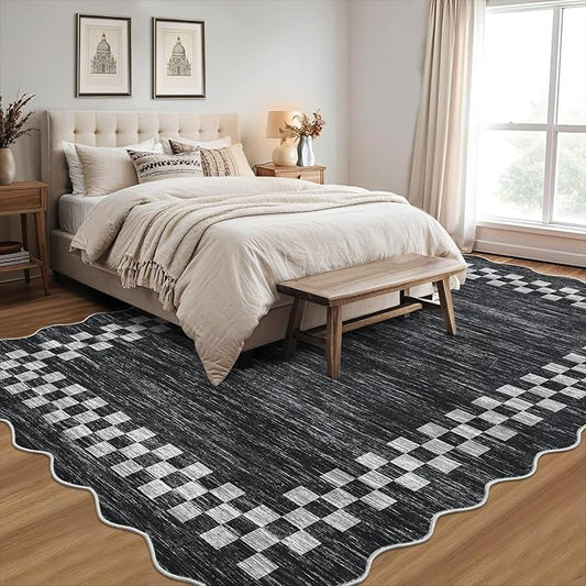 GarveeHome Washable Rug 5x7 for Living Room Large Bedroom Scalloped Rug Non Slip Stain Resistant Modern Border Throw Carpet Soft Boho Rug for Dining Room Nursery Home Office, Grey