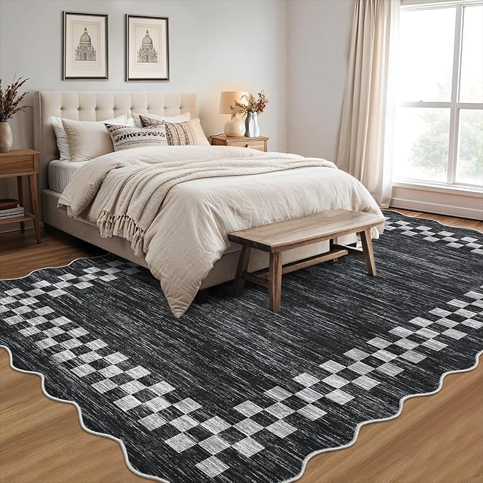 GarveeHome Scalloped Washable Rug 9x12 Area Rug for Living Room Modern Border Large Bedroom Throw Carpet with Rubber Backing Stain Resistant Boho Rug for Dining Room Home Decor Office, Grey