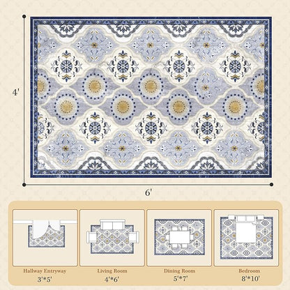 EnHomee Washable Area Rugs 4x6, Soft Area Rug for Living Room Bedroom, Boho Non Slip Low Pile Stain Resistant Washable Rug Large Carpet for Dining Room,Easy to Clean Living Room Rug, Blue