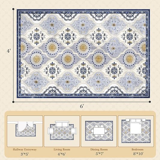 EnHomee Washable Area Rugs 4x6, Soft Area Rug for Living Room Bedroom, Boho Non Slip Low Pile Stain Resistant Washable Rug Large Carpet for Dining Room,Easy to Clean Living Room Rug, Blue
