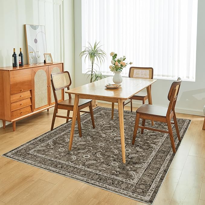 WITSHOCK Living Room Area Rugs 5x8: Soft Non-Slip Backing Washable Rugs Vintage Large Carpet for Bedroom Office Dining Room Kitchen Stain Resistant Home Decor Rug, Dark Brown