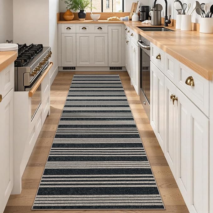 Lahome Striped Easy Jute Kitchen Runner, 2x8 Washable Indoor Outdoor Entryway Runner Rug, Farmhouse Non Slip Non Shedding Neutral Carpet for Hallway Porch Foyer
