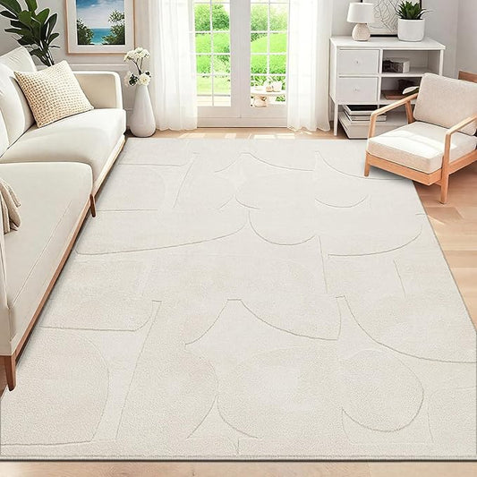 SHACOS Soft Cozy Fluffy Abstract Geometric High Low Pile Area Rugs 5'x7' Non Slip Washable Scandinavian Minimalist Rug Modern Carpet for Living Room Bedroom Dining Room, Cream