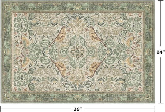 Sage Green Boho Bathroom Rugs - 2x3 Washable Non-Slip Soft Low Pile Area Rug for Entryway, Kitchen, and Decorative Door Mats - Vintage Farmhouse Design with Bird & Botanical Pattern Boho Décor