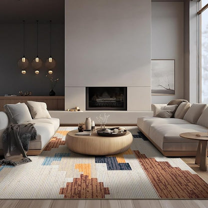 Phantoscope Washable Area Rug 6'x9' Non-Slip, Modern Neutral Boho Rugs for Living Room, Bedroom, Dining Room, Abstract Geometric Blocks Pattern, Low-Pile Foldable Floor Carpet, Warm Terracotta/Cream