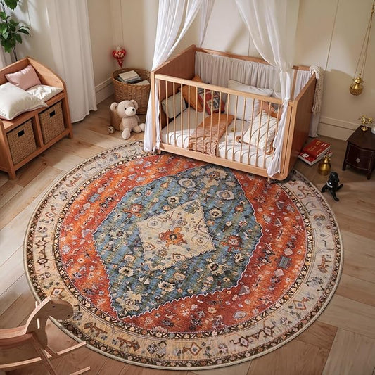 SERISSA Boho Round Area Rug, 4ft Washable Non-Slip Circle Rug, Ultra Soft Oriental Vintage Tribal Low-Pile Small Circular Carpet for Bedroom Entryway Kids Room Office College Dorm Living Room