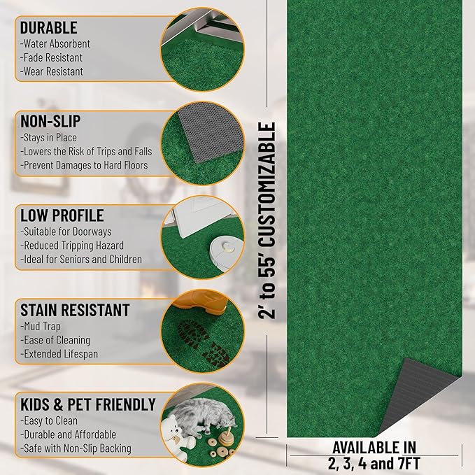 Ottomanson 6'6" x 26' Hallway Runner with Scraper Pile - Extra Durable Non-Slip Rug Mat for Indoor & Outdoor Use - Ideal for Kitchen, Entryway & Garage - High-Traffic Carpet, Green