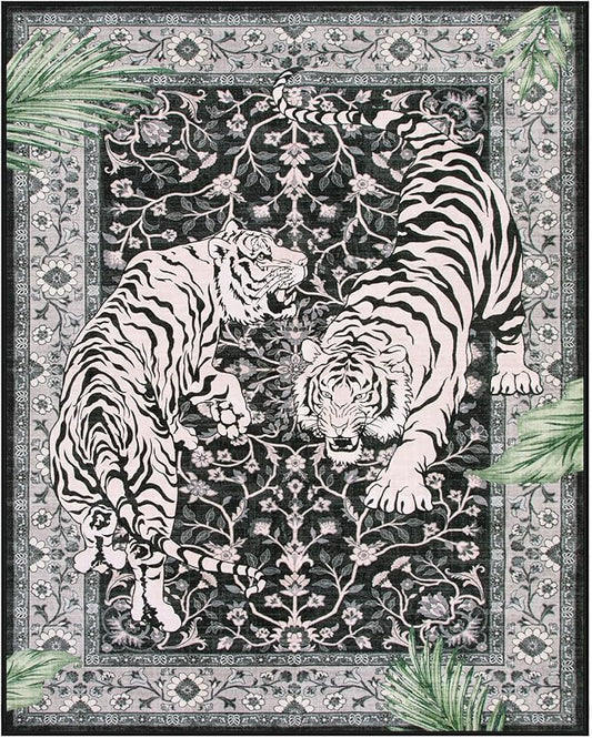 Moynesa Tiger 8x10 Area Rug, Washable Boho Rugs for Living Room, Vintage Large Soft Dining Room Rug, Non Slip Ultra Thin Stain Resistant Floor Carpet for Home Office Bedroom, Black