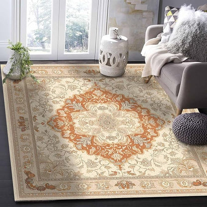 Orange Bohemian Rectangular Area Rugs for Living Room Bedroom 2.8 x 5 ft Vintage Farmhouse Floral Pattern Non-Shedding Soft Low Pile Rug Non Slip Washable Rug for Nursery Entryway Playroom