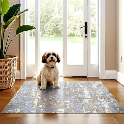 WITSHOCK 2x3 Washable Entry Rug: Blue Small Rugs for Entryway Kitchen Bathroom Door Mat Indoor Entrance, Non Slip Rubber Backing, Stain & Fade Resistant, Neutral Modern Abstract Decor