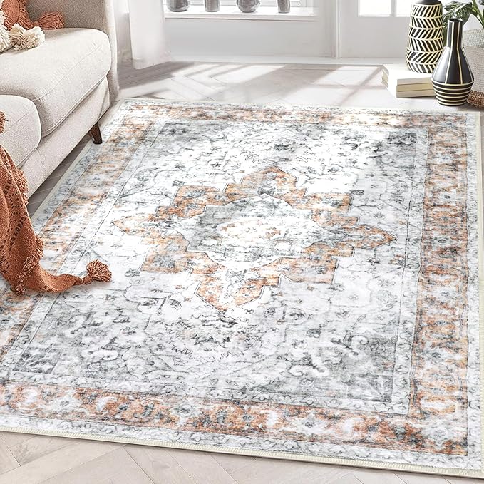 COMSLE 4x6 Rugs for Living Room Washable Area Rugs for Bedroom Faux Wool Distressed Throw Rugs Absorbent Non-Slip Floor Carpet for Indoor Kitchen Laundry Room Orange