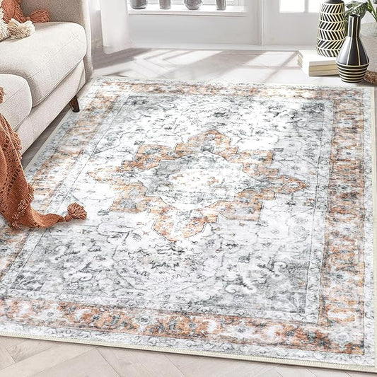 COMSLE 4x6 Rugs for Living Room Washable Area Rugs for Bedroom Faux Wool Distressed Throw Rugs Absorbent Non-Slip Floor Carpet for Indoor Kitchen Laundry Room Orange