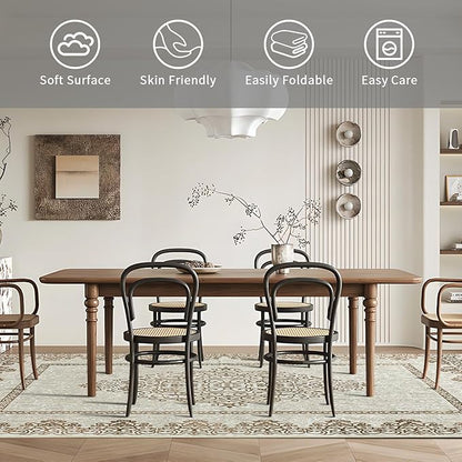 Easy-Going Area Rug 6x9 Washable Boho Neutral Rugs for Living Room Non-Slip Bedroom Rug Low Pile Lightweight Floral Brown Print Vintage Throw Rug for Dining Room Bathroom Kitchen Home Office Carpet