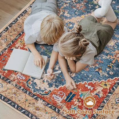 Area Rug 6x9 Washable Rug, Vintage Boho Medallion Rugs Non-Slip Soft Low Pile Large Distressed Rug Indoor Retro Carpet for Living Room Bedroom Dining Room Home Office (Tribal Medallion/Multi, 6'x9')