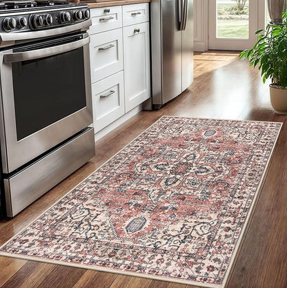 KOZYFLY Boho Area Rug 3x5 Ft Rugs for Entryway Washable Entry Rug Non Slip Door Mat Indoor Entrance Printed Faux Wool Throw Rugs for Entrance Kitchen Living Room, Terracotta/Beige
