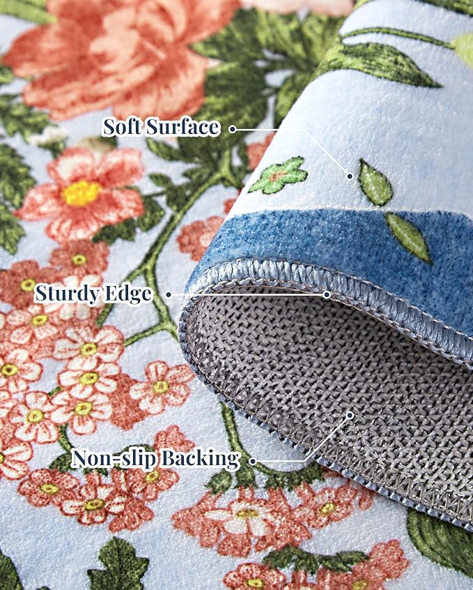 Floral Rug for Living Room - 4x6 Washable Area Rugs Non-Slip Soft Low-Pile Stain Resistant Carpet Unique Flower Print Vintage Indoor Rug for Bedroom Dining Room Office Nursery Room, Blue
