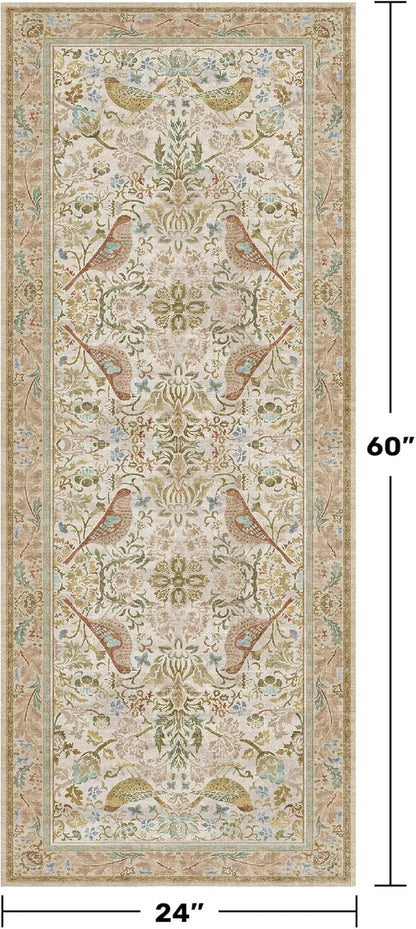 Boho Bathroom Runner Rug 2x5 - Floral & Bird Runner Rug for Kitchen Floor, Hallway, Laundry Room, Bedroom, Entrance, Beige Neutral Vintage Decor, Washable Non Slip Low Pile