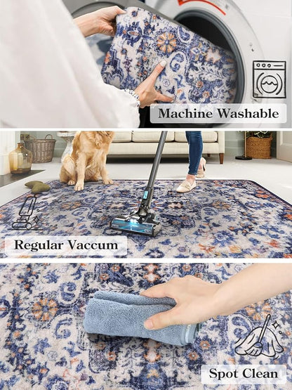 Lahome Round Rug 4ft, Washable Bathroom Rug Non Slip Entryway Circle Mat, Bohemian Vintage Non-Slip Non-Shedding Low Pile Printed Indoor Carpet for Kitchen Laundry Entryway, Blue Purple/Multi