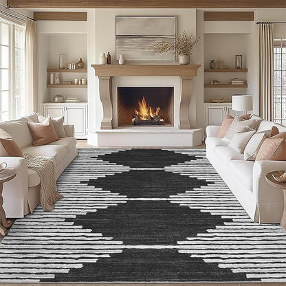 HelloTree Area Rug for Living Room 9x12 Washable Geometric Moroccan Rug Stripe Farmhouse Bohemian Minimalistic Non Slip Non Shedding Ultra Thin Soft Rug for Bedroom Office DiningRoom Nursery-Black