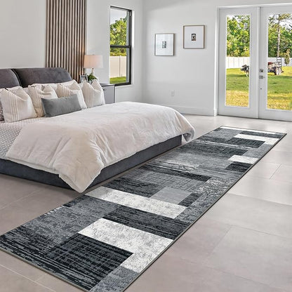 Indoor Runner Rug, Washable Runner Rug with Rubber Backing, Modern Geometric Patchwork Aesthetic Carpet for Bedroom, Living Room, Hallway, Entryway, Washable Rugs Rockwood Collection, 2.7x8 Ft Grey