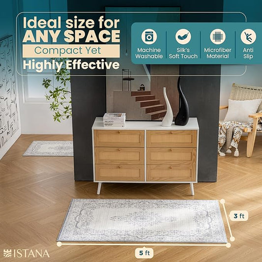 Istana Rug 3x5 - Grey/White Cream Area Rug 3x5 - Pet Friendly Washable Rug - Non Shedding Soft Rugs for Living Room - Eco-Friendly Foldable Dining Room Table Rugs