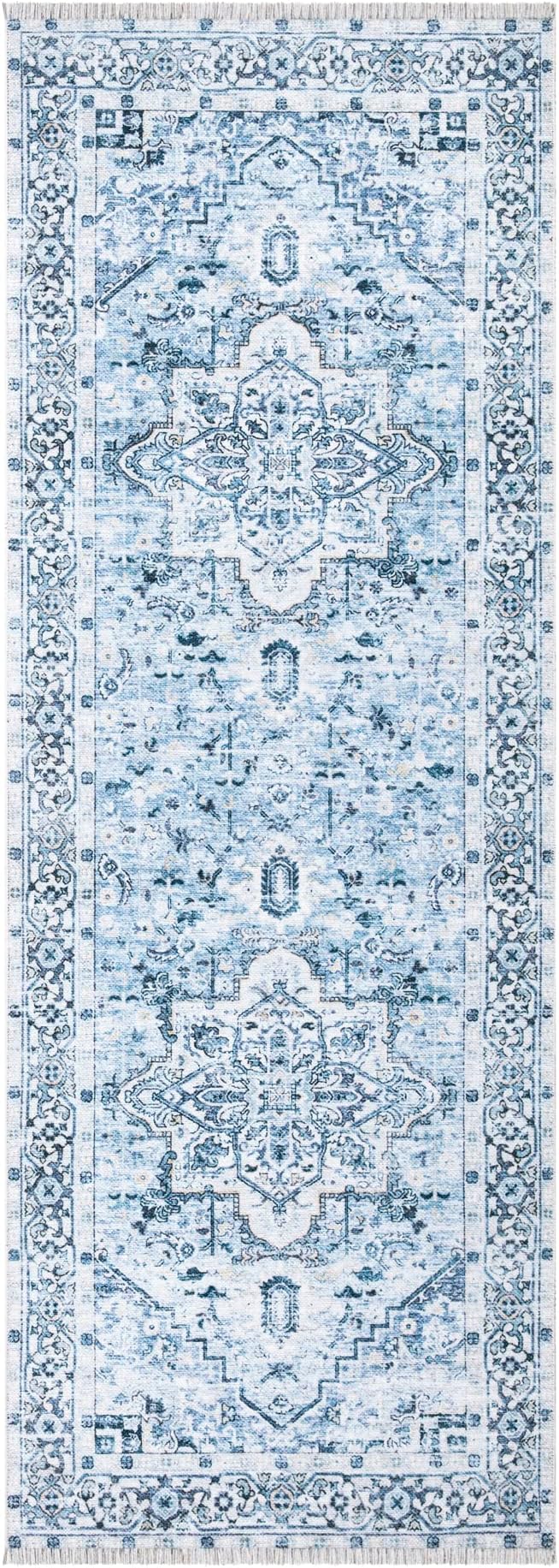 Bloom Rugs Caria Washable Non-Slip 7 ft Runner - Blue Traditional Runner for Entryway, Hallway, Bathroom, and Kitchen - Exact Size: 2'6" x 7'
