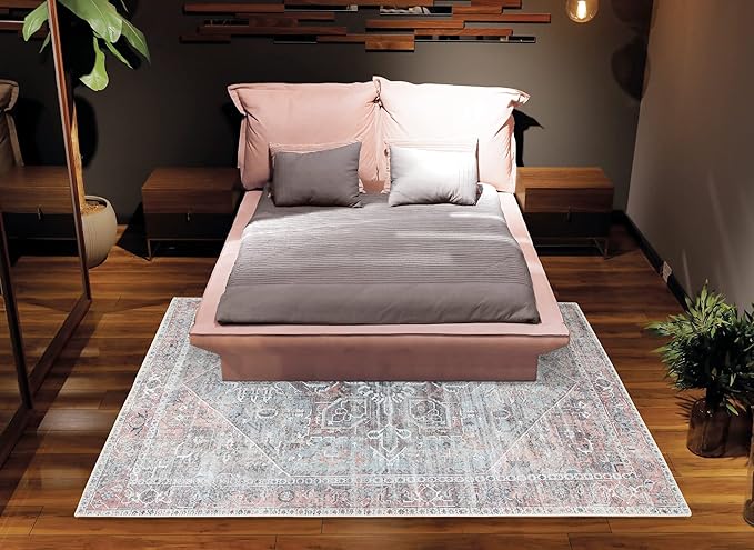 Bloom Rugs Washable Non-Slip 9' x 12' Rug - Light Pink/Light Blue Traditional Medallion Area Rug for Living Room, Bedroom, Dining Room, and Kitchen - Exact Size: 9' x 12'