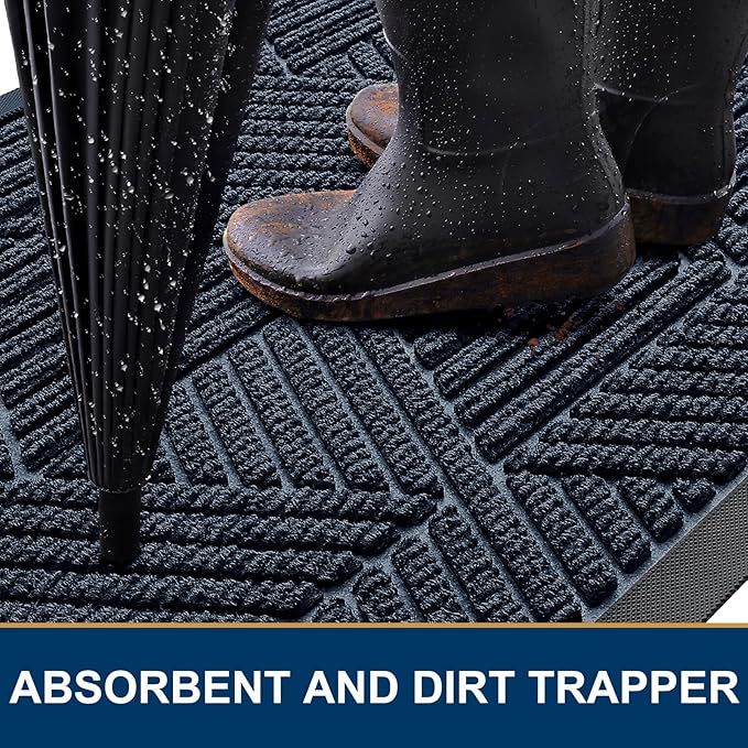 Kitinjoy Front Door Mat Outside Entrance, Sturdy Natural Dirt Trapper, Heavy Duty Rubber Doormat, Low Profile Non-Slip Backing, Easy Clean Floor Mat for Indoor Outdoor Entry, 47X23 Inch, Navy Blue