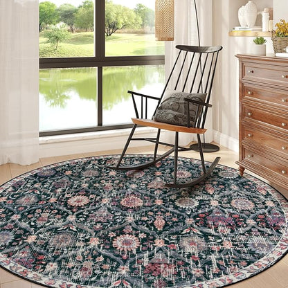 Lahome Moroccan Trellis Washable Round Area Rug, Soft Round Rugs 6ft Ultra-Thin Non-Slip, Vintage Large Circle Carpet for Bedroom Living Room Kitchen Nursery, Black/Multi