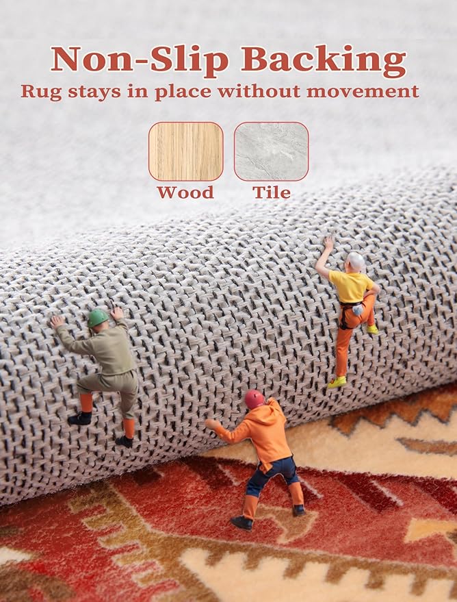 SERISSA Boho Washable Runner Rug, 2x5 Rug Runner Non-Slip Vintage Red Beige Hallway Kitchen Runner Rug Ultra Soft Print Distressed Floor Carpet Runner for Bedroom Bathroom Laundry Living Room