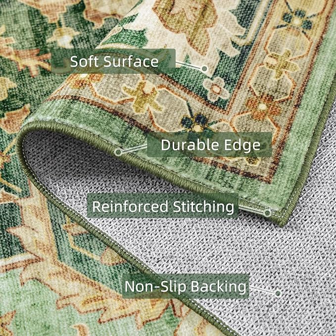Green Runner Rugs 3x8 Boho Washable Area Rugs for Entryway Bathroom Kitchen, Long Rugs for Hallway Soft Low Pile Non-Slip Rubber Backing Oriental