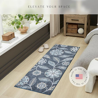 Maples Rugs Reggie Floral Runner Rug - Made in USA - Washable, Non Slip Indoor Carpet for Kitchen, Hallway, and Laundry Room, 2' x 6', Persian Blue