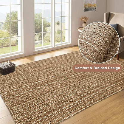 3x5 ft Rugs for Bedroom - Non-Slip Machine Washable Neutral Rug for Living Room,Faux Jute Rug,Braided Area Rug,Boho Solid Rugs for Home and Office,Very Soft,Stain-Resistan,Light Brown