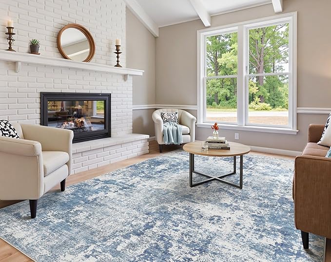 9x12 Area Rug Living Room Rugs - Washable Neutral Modern Abstract Soft Thin Rug Indoor Floor No Slip Rug Carpet for Bedroom Under Dining Table Home Office Decor - Blue White