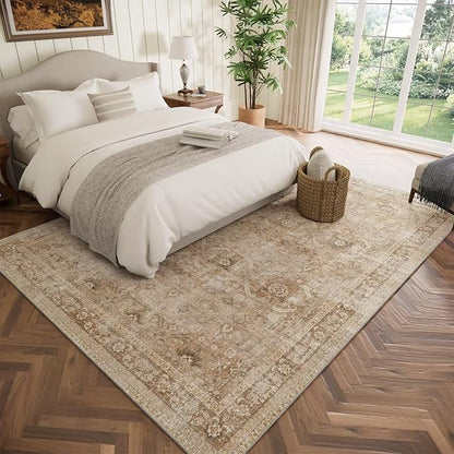 Washable 5x7 Area Rugs for Living Room, Boho Non-Slip Vintage Distress Rugs for Bedroom Dining Room Nursery Office, 0.3" Neutral Oriental Throw Thin Carpet with Cushioning Pad, Brown/White/Multi