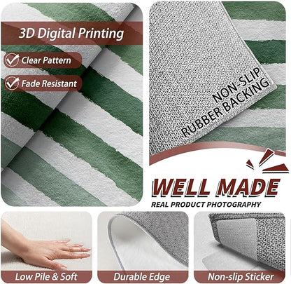 Striped Rug 3x5 - Green and White Stripe Minimalist Watercolor Rugs for Bedroom Non Slip Low Pile Machine Washable Area Rugs for Living Room Kitchen, Striped Carpet House Decor & Gifts
