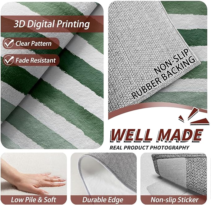 Striped Indoor Rugs for Entryway - 2x3ft - Green and White Stripe Minimalist Watercolor Washable Non Slip Low Pile Small Area Rug for Bedroom, Striped Carpet Home Decor & Gifts