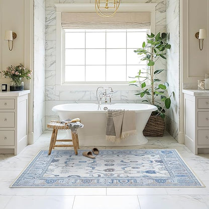 Fame Living Cream Blue Oushak Rug, Modern, Vintage, Turkish, Eclectic, Floral, Pastel, Washable, Area Rugs for Living Room, Dining, Bedroom, Nursery, Girls, Boys, 5'9"x8'9"