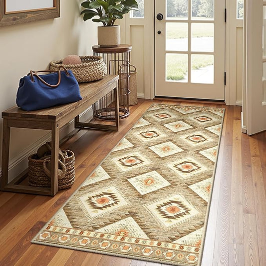 Area Rug 2x6 Rug Machine Washable Non-Slip Low Pile Print Pattern Western Rug for Living Room Bedroom Entryway Tribal Series -Cream/Camel
