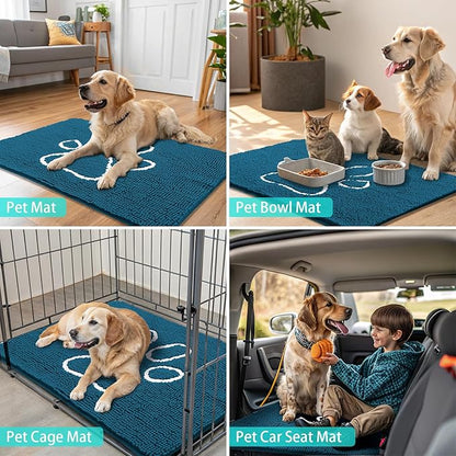 Smiry Dog Door Mat for Muddy Paws, Absorbent Dirt Trapper Non Slip Quick Dry Washable Chenille Mat for Mud Dogs, Entry Rug for Indoor and Outdoor (40x32 Inches, Atlantic Blue and White)