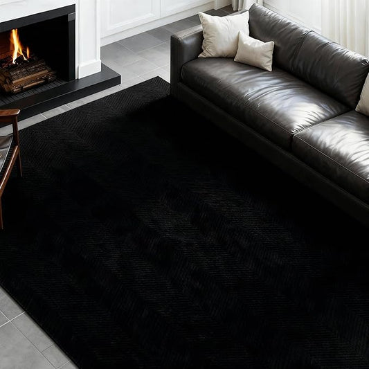 Area Rug for Living Room - 5x7 Soft Faux Rabbit Fur Modern Geometric Wave Carpet for Bedroom, Black
