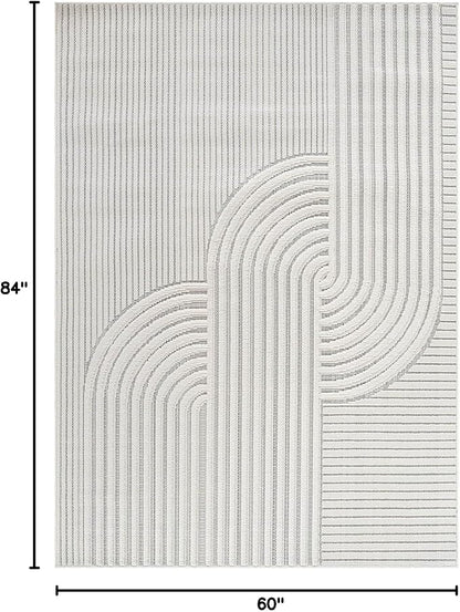 CAMILSON Modern Rug 5x7 Luxury Swirl Curved Micro Loop Area Rugs Soft High-Low Pile Stain Resistant Easy to Clean Non-Shedding Durable Living Room Office Indoor Carpet (White)