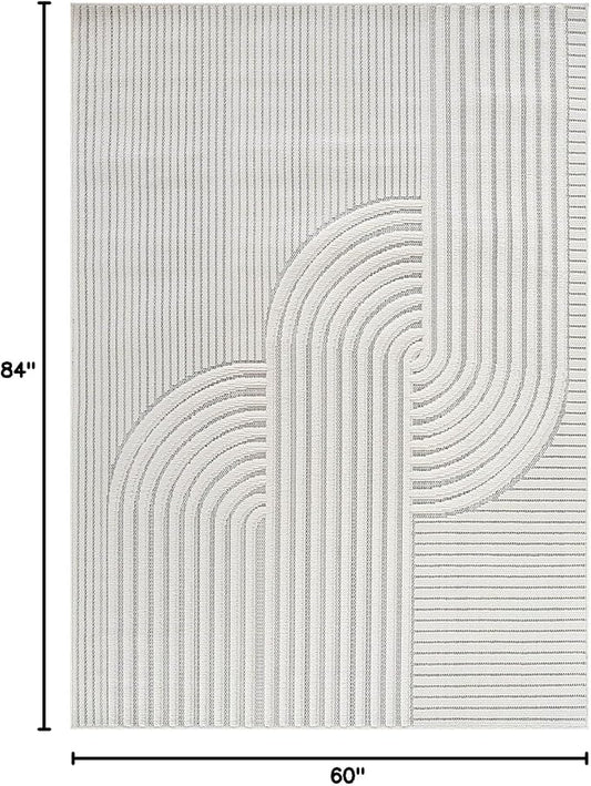 CAMILSON Modern Rug 5x7 Luxury Swirl Curved Micro Loop Area Rugs Soft High-Low Pile Stain Resistant Easy to Clean Non-Shedding Durable Living Room Office Indoor Carpet (White)