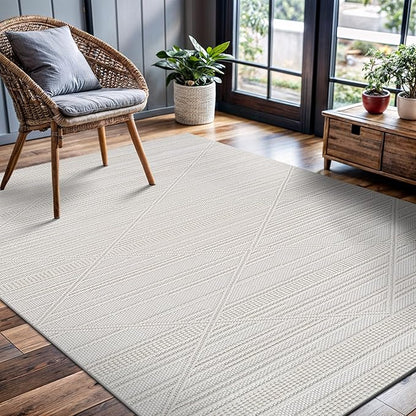CAMILSON Micro Loop Rug 4x6 Modern Luxury Geometric Pattern Area Rugs Soft High and Low Pile Stain Resistant Easy-Cleaning Non-Shedding for Living Room Office Indoor Carpet (4 x 6 / White)