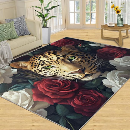 Leopard Rugs for Bedroom - 5x8 Area Rug - Flowers Leopard Rugs for Living Room, 3D Flowers Animal Rug, Washable Home Decor Carpet