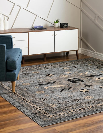 Unique Loom Taftan Collection Border Geometric Tribal Inspired Design Area Rug (8' 0 x 8' 0 Square, Gray/ Black)