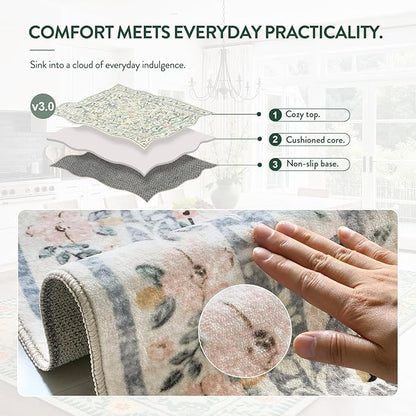 Lahome Circle Rug 6ft Beige Floral, Gentle Blossom Print Nursery Round Rug, Machine Washable Kids Carpet for Bedroom, Non-Slip Circular Mat for a Cozy Retreat Nook Decor